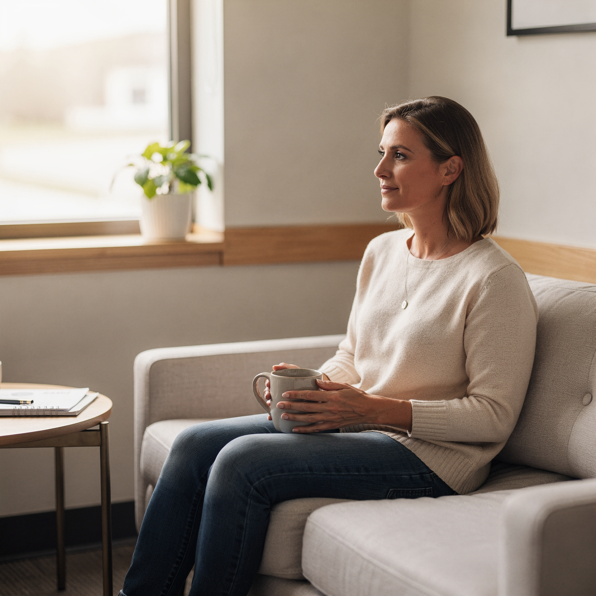 Woman sitting on a couch holding a mug in a calm clinical consultation room with a potted plant and window